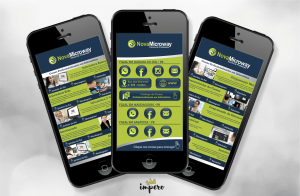 Mockup com três celulares do cartão de visita interativo e digital da empresa nova microway